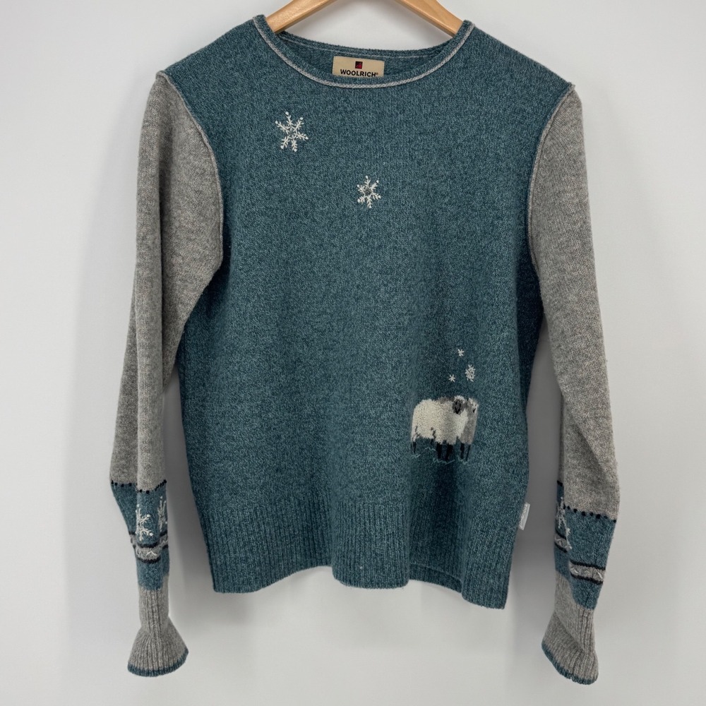 Woolrich 9582 Medium Sweater Aquifer Heather Teal 100% Lambswool Sheep Snowflake